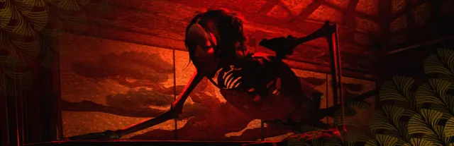 Ginkgo key art: a skeletal figure with long black hair crawls across a red painted screen
