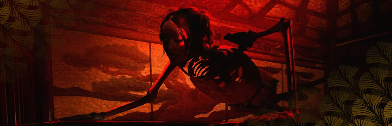 Ginkgo key art: a skeletal figure with long black hair crawls across a red painted screen