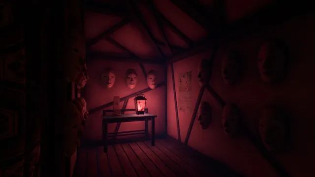 Ginkgo: a red room with masks on every wall and a lamp on a small table