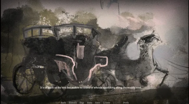 Glitter screenshot: a black carriage drawn in smeared paint on a muddy road, making no sound
