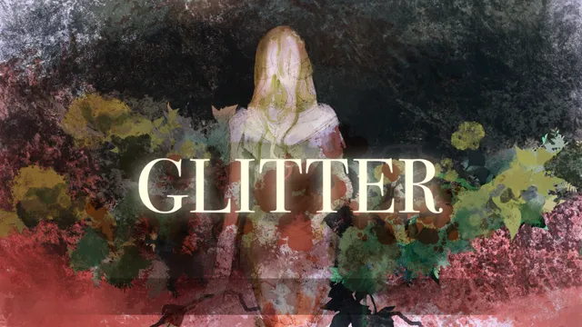 Glitter cover: a blonde woman seen from behind in a pale gown among painted autumn leaves and flowers, with the title GLITTER across her