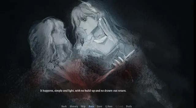 Glitter screenshot: two pale figures embrace, one gripping a blade, with red pooling below them