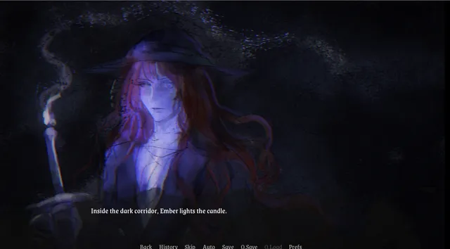 Glitter screenshot: Ember lit pale blue holding a candle in a dark corridor