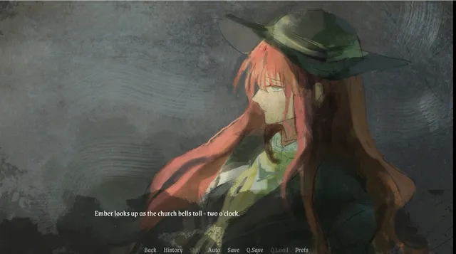 Glitter screenshot: Ember, red-haired in a wide hat, looks up as the narration says the church bells toll two o'clock