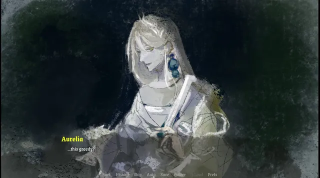 Glitter screenshot: Aurelia, pale and blonde, holds something white and asks if she is this greedy