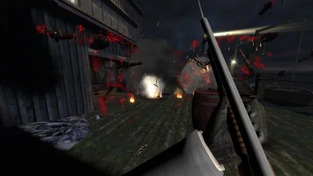 Gloomwood screenshot: a shotgun blast throws blood and fire across a wooden dock at night