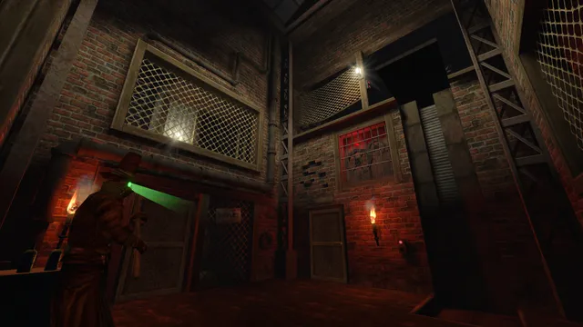 Gloomwood screenshot: a cloaked watchman with a green-glowing eye stands in a torchlit brick hall below caged windows