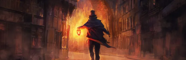 Gloomwood key art: a figure in a top hat and cloak walks down a foggy Victorian street with a red lantern and a blade