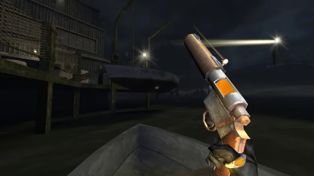 Gloomwood screenshot: holding a harpoon rifle on a rowing boat by a dark wooden pier, a lighthouse beam in the night