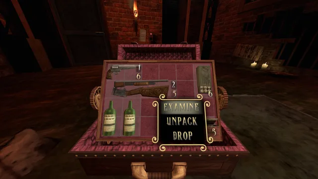 Gloomwood screenshot: the suitcase inventory open with a revolver, a shotgun, ammunition and two bottles of Ash Brew