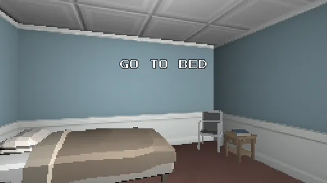 Go To Bed screenshot: a low-poly bedroom with pale blue walls, a made bed and a chair, under the title Go To Bed