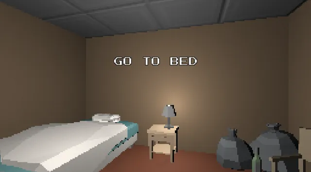 Go To Bed screenshot: a low-poly room lit by one lamp on a night stand, with a bed and black bin bags in the corner