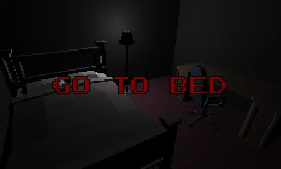 Go To Bed cover: a dark bedroom with a bed, a floor lamp and a desk chair, and the title in red pixel letters