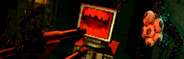 Golden Light art: a monster with a screen for a head showing a mouth full of teeth, beside a cluster of pink eyeballs in a dark room