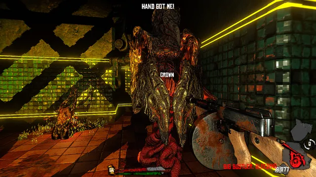A twisted meaty creature wearing a crown confronts the player in a neon-lit corridor