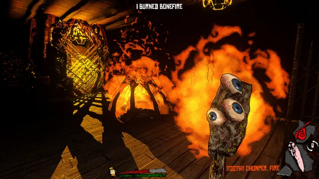 A fleshy weapon covered in eyeballs fires a burst of flame in a dark wooden room