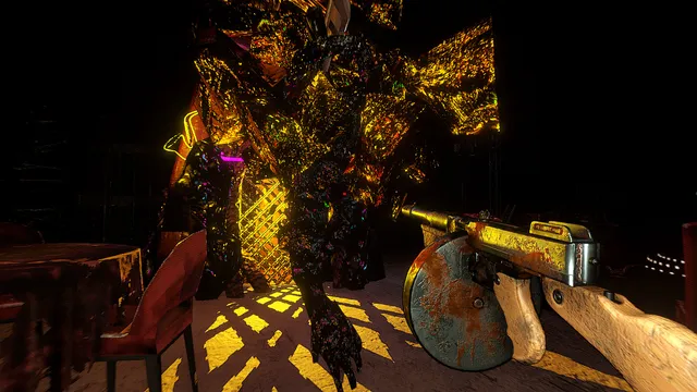 First-person view holding a tommy gun at a hulking dark creature lit in gold in a restaurant room
