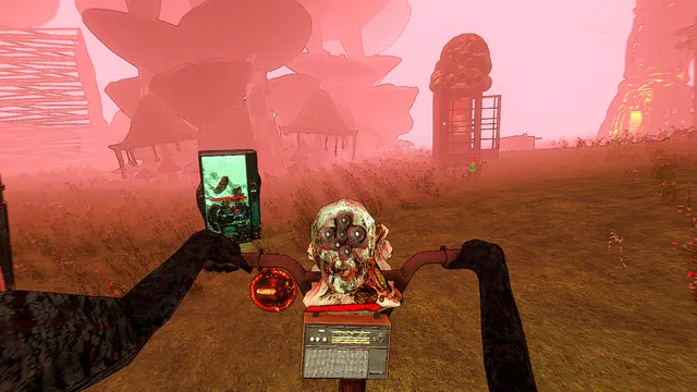 Riding a bicycle with an eyeball creature on the handlebars across a pink, foggy field of giant mushrooms