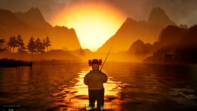 GONE Fishing screenshot: an angler stands in the lake casting a line at sunset