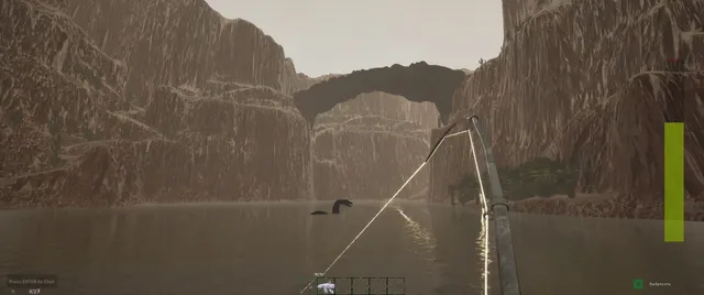 GONE Fishing screenshot: a fishing line in a grey canyon lake with a dark shape breaking the surface