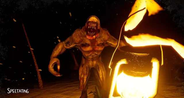 GONE Fishing screenshot: a hunched creature with a gaping toothed mouth stands beside a glowing lantern at night