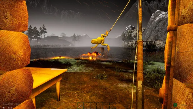 GONE Fishing screenshot: a frog dangling on a hook outside a log cabin by the lake