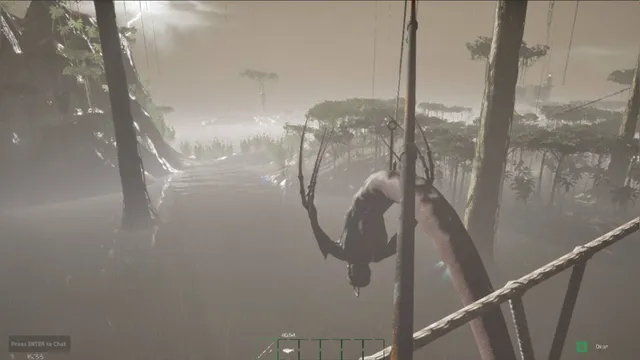 GONE Fishing screenshot: a fishing rod over a foggy flooded forest with a body hanging above the water