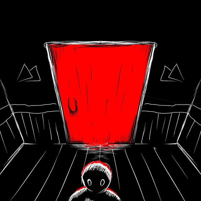 Good Boy art: a small drawn child at the foot of a tall glowing red door in a dark sketched room