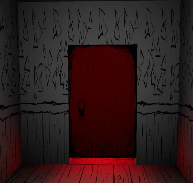 Good Boy screenshot: a red-lit door at the end of a dark hand-drawn room