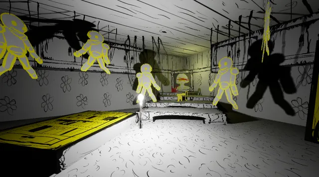 Good Boy screenshot: yellow-outlined paper dolls hang over a dim room lit by a single candle