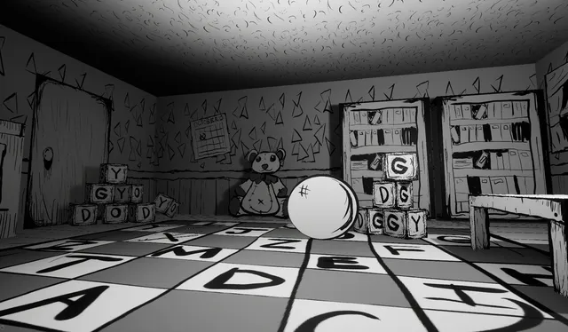 Good Boy screenshot: a hand-drawn nursery with a floor of big letters, toy blocks, a teddy bear and a white ball