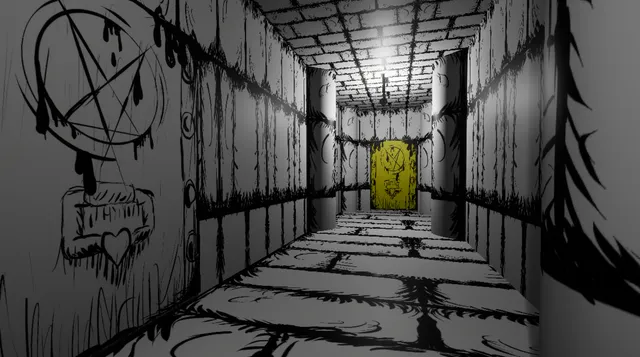Good Boy screenshot: a long corridor with dripping walls, a pentagram scrawled beside a door and a yellow door at the far end