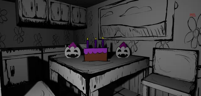 Good Boy screenshot: a birthday cake with three purple candles on a kitchen table between two grinning party-hat faces