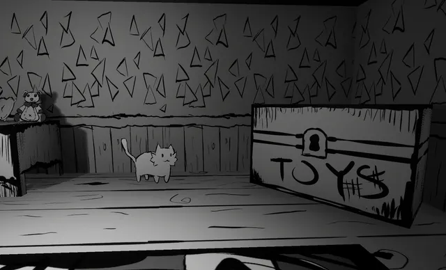 Good Boy screenshot: a grey cat beside a toy chest marked TOYS in a sketched bedroom