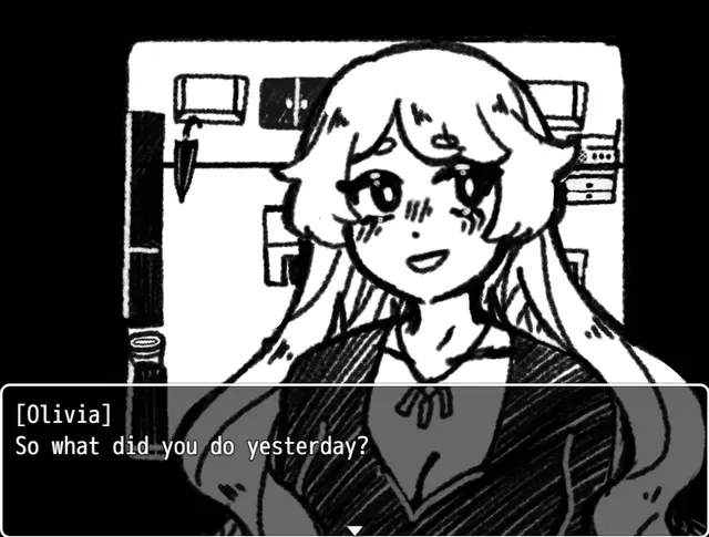 Good Job! screenshot: Olivia, a smiling coworker with long pale hair, asks So what did you do yesterday in the office