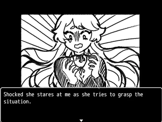 Good Job! screenshot: Olivia clutching her chest in shock, with the text Shocked she stares at me as she tries to grasp the situation