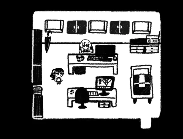 Good Job! screenshot: the black-and-white office from above, two desks with computers, a bed, shelves and Ellen beside Olivia's desk