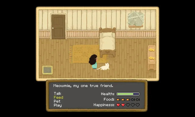 Goodnight Meowmie screenshot: a girl and a white cat in a wood-panelled room above a menu of Talk, Feed, Pet, Play with health, food and happiness bars and the line 'Meowmie, my one true friend.'
