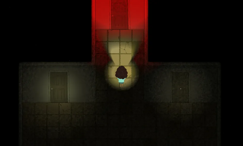 Goodnight Meowmie screenshot: the girl with her lantern at a junction of dark tiled corridors lit by an ominous red glow ahead