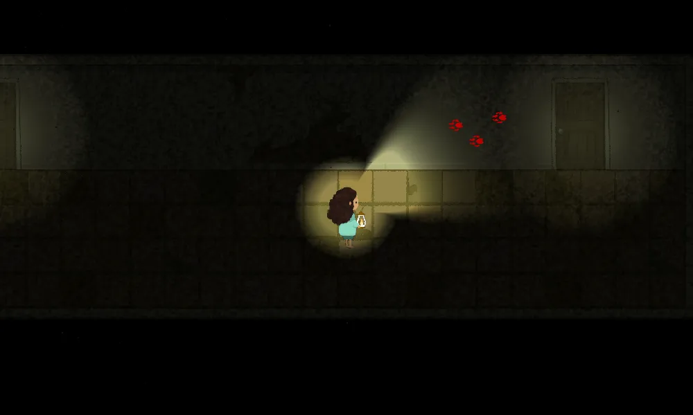 Goodnight Meowmie screenshot: the girl holding a lantern in a dark corridor with red paw prints leading away into the shadow
