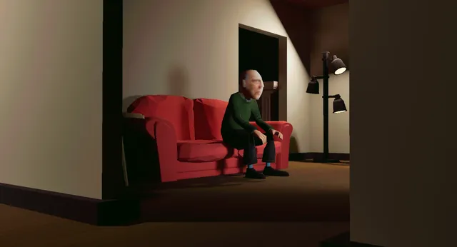 An old man in a green sweater sits on a red sofa in a lamp-lit living room, seen from a doorway