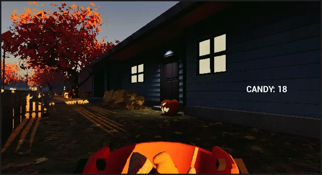 A dark blue house with lit windows and a jack-o'-lantern on the lawn, with the candy counter at 18