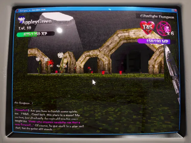 Gorgon's Garden screenshot: a low-resolution 3D dungeon of twisted stone arches on an old monitor, with level, XP, health and MP bars