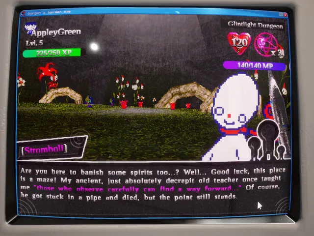 Gorgon's Garden screenshot: a white pixel character named Stromboli speaks in a garden dungeon of the MMO