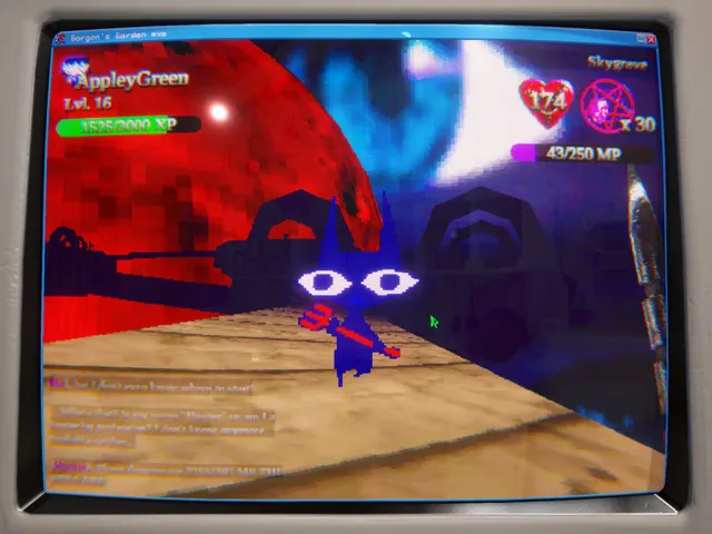 Gorgon's Garden screenshot: a blue cat-like figure with huge eyes under a red sky in the Skygrave area