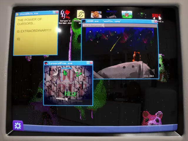 Gorgon's Garden screenshot: the virtual desktop with a sticky note, a cursor program and an image viewer open