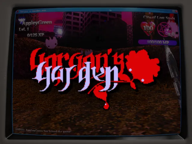 Gorgon's Garden title screen: the red and lilac logo with a red rose over a dark city map in the MMO