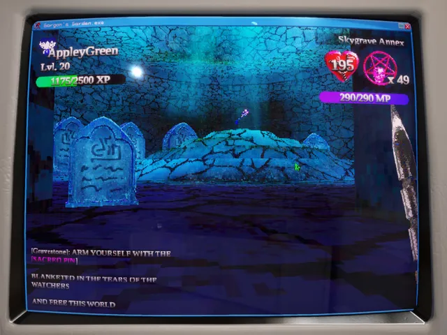Gorgon's Garden screenshot: blue gravestones around a mound in the Skygrave Annex, with a message about the tears of the watchers