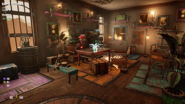 GRAIN ROT screenshot: the warm wooden Outpost room with plants, crates and crewmates