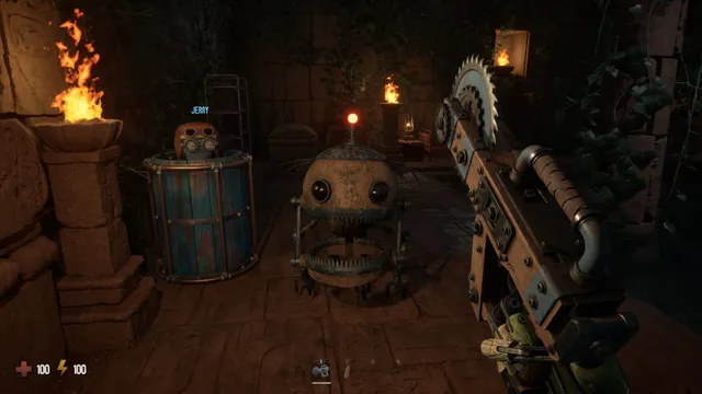 GRAIN ROT screenshot: a round wooden creature with a mouth full of teeth beside a burning brazier, seen past a saw-bladed weapon